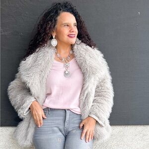 Stylish Gray Faux Fur Coat